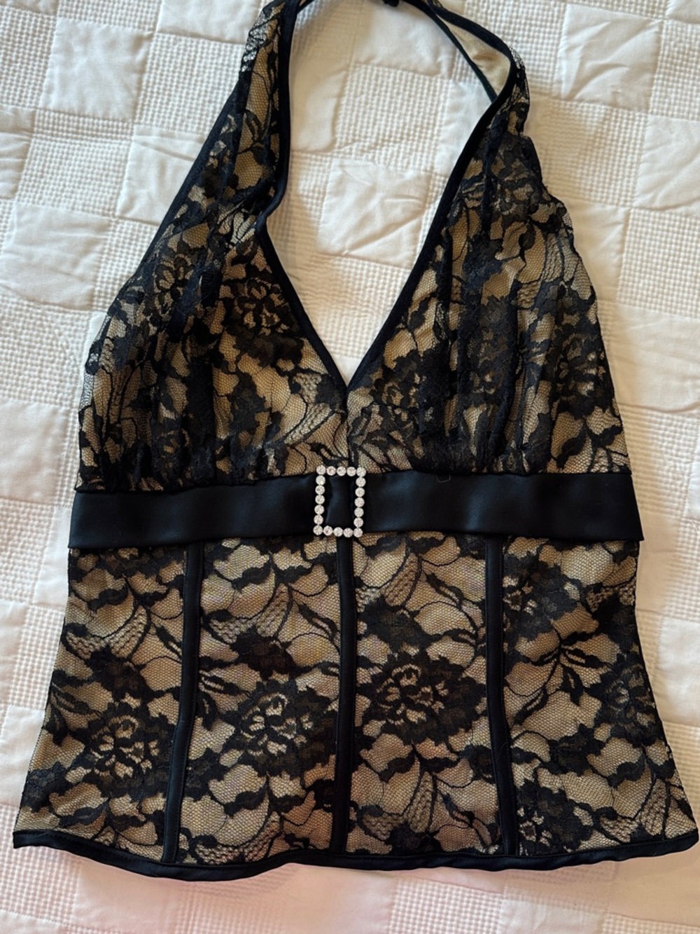 Cache Black Lace Halter Chemise with Rhinestone Buckle